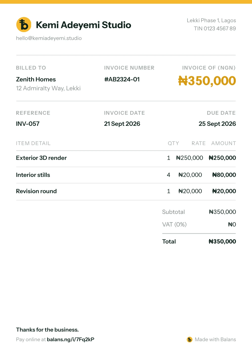Classic invoice template, filled in with a sample invoice